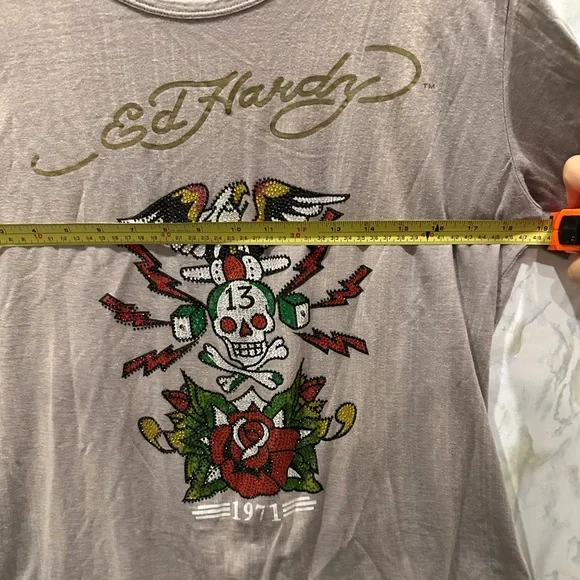 Ed Hardy Y2K vintage tee skull rose red green gold grey casual short sleeve Med - Picture 6 of 9